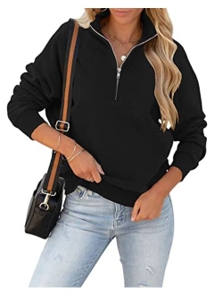 Women's Loose Lapel Quarter Zipper Long Sleeve Solid Cozy Pullover Sweatshirts Tops