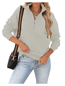 Women's Loose Lapel Quarter Zipper Long Sleeve Solid Cozy Pullover Sweatshirts Tops