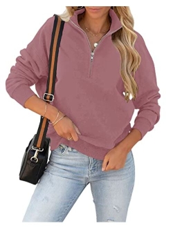 Women's Loose Lapel Quarter Zipper Long Sleeve Solid Cozy Pullover Sweatshirts Tops