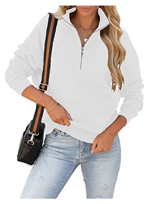 Cicy Bell Women's Loose Lapel Quarter Zipper Long Sleeve Solid Cozy Pullover Sweatshirts Tops