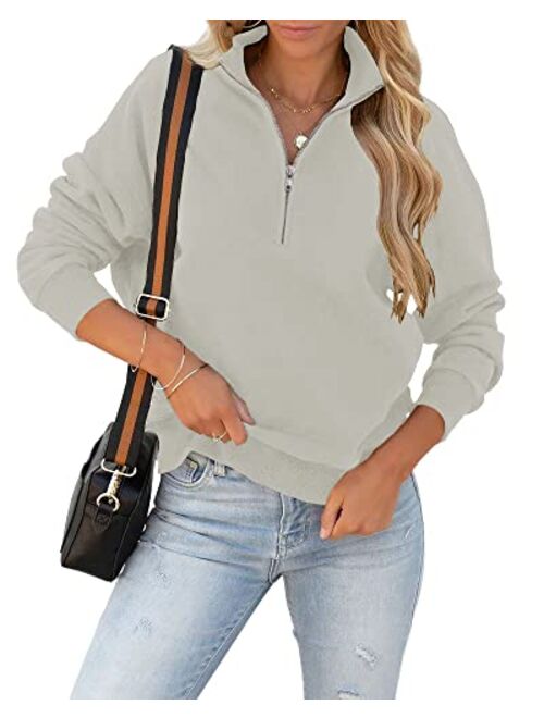 Cicy Bell Women's Loose Lapel Quarter Zipper Long Sleeve Solid Cozy Pullover Sweatshirts Tops