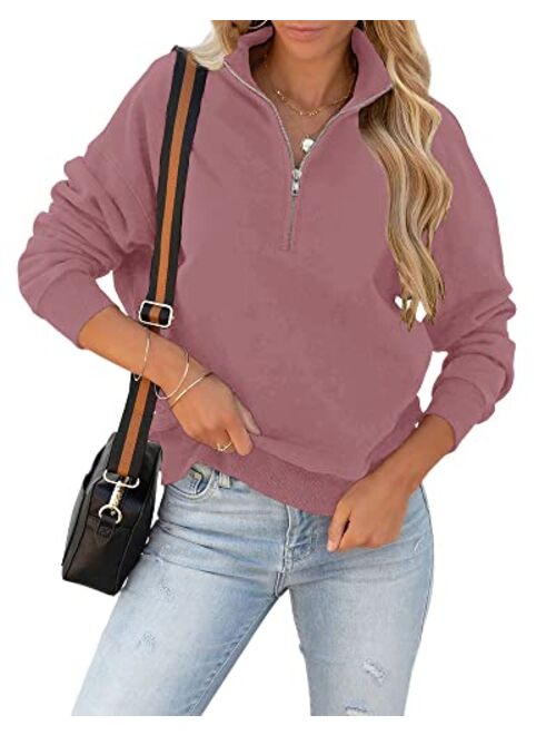 Cicy Bell Women's Loose Lapel Quarter Zipper Long Sleeve Solid Cozy Pullover Sweatshirts Tops