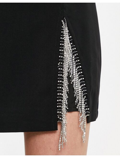 Urban Revivo mini skirt with side bejeweled fringing in black