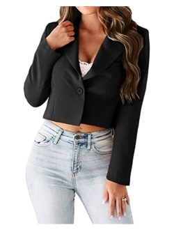 Women's Long Sleeve Blazers Lapel Neck Single Button Casual Work Office Cropped Blazer Jacket