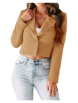 Women's Long Sleeve Blazers Lapel Neck Single Button Casual Work Office Cropped Blazer Jacket