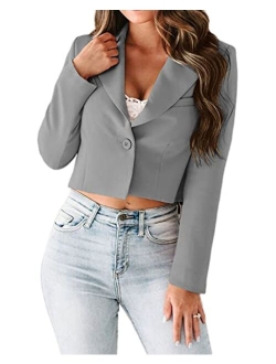 Women's Long Sleeve Blazers Lapel Neck Single Button Casual Work Office Cropped Blazer Jacket