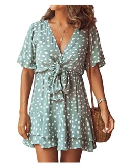 Women's Short Sleeve V Neck Summer Dress Polka Dot Tie Front Ruffle Hem Beach Mini Dress