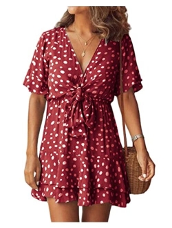 Women's Short Sleeve V Neck Summer Dress Polka Dot Tie Front Ruffle Hem Beach Mini Dress