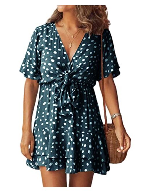 Cicy Bell Women's Short Sleeve V Neck Summer Dress Polka Dot Tie Front Ruffle Hem Beach Mini Dress