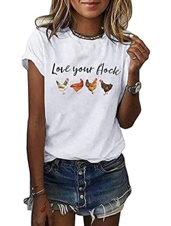 Love Your Flock Shirt Women's Cute Chicken Graphic Tees Crewneck Letter Print Short Sleeves Casual Tops