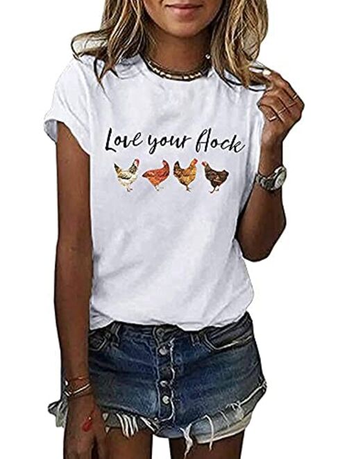 Cicy Bell Love Your Flock Shirt Women's Cute Chicken Graphic Tees Crewneck Letter Print Short Sleeves Casual Tops