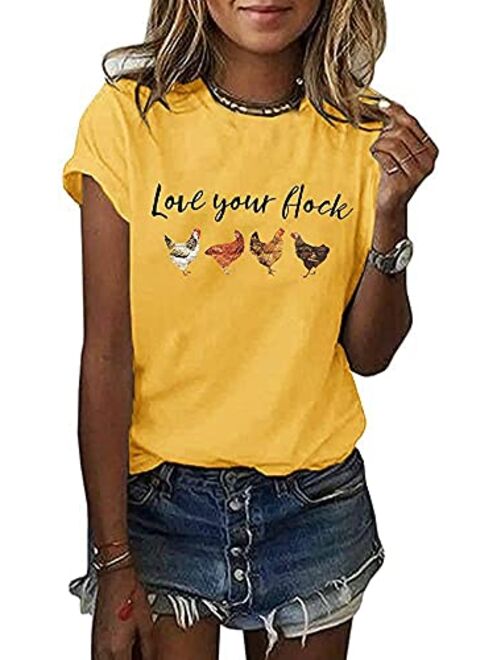 Cicy Bell Love Your Flock Shirt Women's Cute Chicken Graphic Tees Crewneck Letter Print Short Sleeves Casual Tops