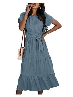 Women's Summer Dress Short Sleeve Crewneck Buttons Casual Tiered Midi Dress with Belt