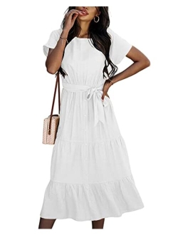 Women's Summer Dress Short Sleeve Crewneck Buttons Casual Tiered Midi Dress with Belt