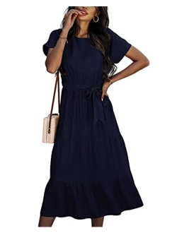 Women's Summer Dress Short Sleeve Crewneck Buttons Casual Tiered Midi Dress with Belt