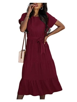 Women's Summer Dress Short Sleeve Crewneck Buttons Casual Tiered Midi Dress with Belt