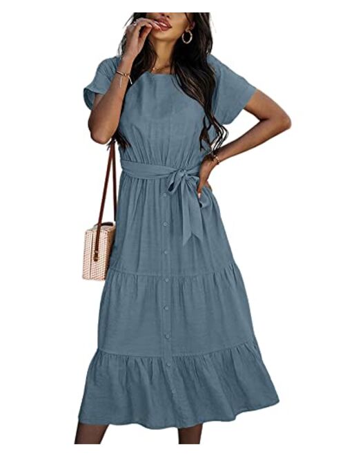 Cicy Bell Women's Summer Dress Short Sleeve Crewneck Buttons Casual Tiered Midi Dress with Belt