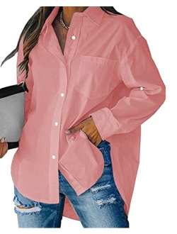 Women's Button Down V Neck Shirts Long Sleeve Blouse Roll Up Cuffed Sleeve Casual Tops with Pocket