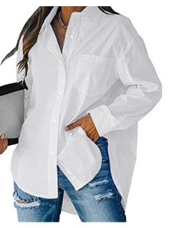 Women's Button Down V Neck Shirts Long Sleeve Blouse Roll Up Cuffed Sleeve Casual Tops with Pocket