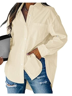 Women's Button Down V Neck Shirts Long Sleeve Blouse Roll Up Cuffed Sleeve Casual Tops with Pocket