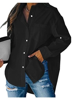 Women's Button Down V Neck Shirts Long Sleeve Blouse Roll Up Cuffed Sleeve Casual Tops with Pocket