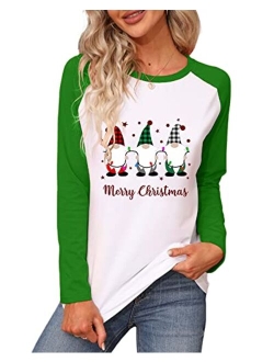 Merry Christmas T Shirt Womens Christmas Long Sleeve Raglan Baseball Shirts Letter Print Graphic Blouse Tops