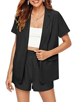 Women's Lightweight Short Sleeve Blazers Open Front Notch Lapel Work Office Casual Jacket Blazer