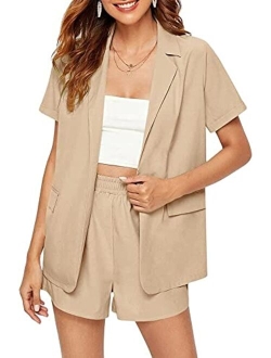 Women's Lightweight Short Sleeve Blazers Open Front Notch Lapel Work Office Casual Jacket Blazer