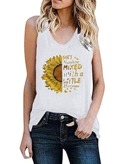 Women's Sunflower Graphic Tank Tops Letter Print Sleeveless Casual Cotton T Shirts