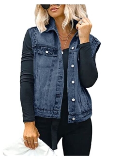 Women's Casual Denim Vest Distressed Classic Sleeveless Jean Vest Jackets With Flap Pockets