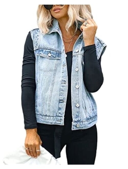 Women's Casual Denim Vest Distressed Classic Sleeveless Jean Vest Jackets With Flap Pockets