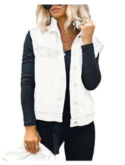 Women's Casual Denim Vest Distressed Classic Sleeveless Jean Vest Jackets With Flap Pockets