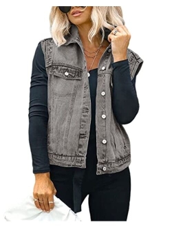 Women's Casual Denim Vest Distressed Classic Sleeveless Jean Vest Jackets With Flap Pockets