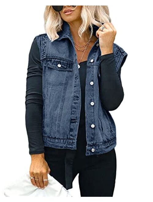 Cicy Bell Women's Casual Denim Vest Distressed Classic Sleeveless Jean Vest Jackets With Flap Pockets