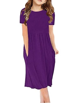 Girl's Short Sleeve Dresses Pleated Loose Swing Casual Dress with Pockets