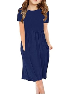 Girl's Short Sleeve Dresses Pleated Loose Swing Casual Dress with Pockets