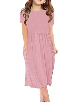 Girl's Short Sleeve Dresses Pleated Loose Swing Casual Dress with Pockets