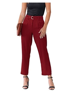 Women's Casual Cropped Work Pants High Waisted Belted Trousers with Pockets