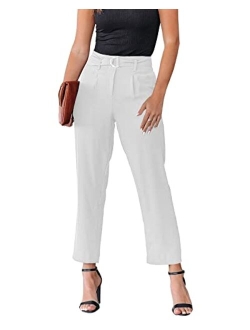 Women's Casual Cropped Work Pants High Waisted Belted Trousers with Pockets