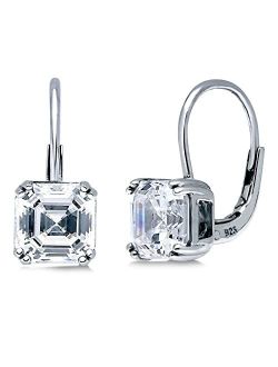 Sterling Silver Solitaire 4 Carat Asscher Cut Cubic Zirconia CZ Anniversary Leverback Dangle Drop Earrings for Women, Rhodium Plated