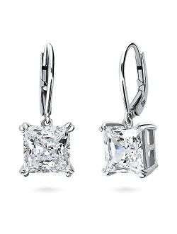 Sterling Silver Solitaire 6 Carat Princess Cut Cubic Zirconia CZ Leverback Anniversary Dangle Drop Earrings for Women, Rhodium Plated