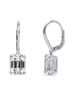 Sterling Silver Solitaire 7.6 Carat Emerald Cut Cubic Zirconia CZ Anniversary Leverback Dangle Drop Earrings for Women