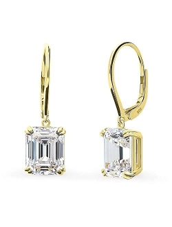 Sterling Silver Solitaire 7.6 Carat Emerald Cut Cubic Zirconia CZ Anniversary Leverback Dangle Drop Earrings for Women