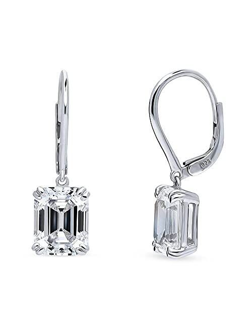 BERRICLE Sterling Silver Solitaire 7.6 Carat Emerald Cut Cubic Zirconia CZ Anniversary Leverback Dangle Drop Earrings for Women