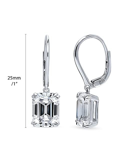 BERRICLE Sterling Silver Solitaire 7.6 Carat Emerald Cut Cubic Zirconia CZ Anniversary Leverback Dangle Drop Earrings for Women