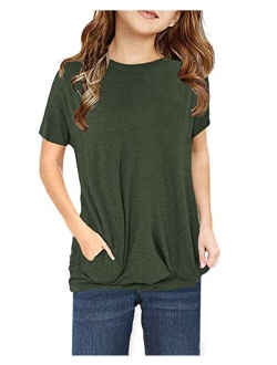 Girls Short Sleeve T Shirts Crewneck Casual Loose Fit Pocket Pullover Tunic Top