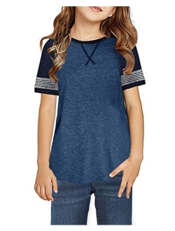 Girls Short Sleeve T Shirts Crewneck Casual Loose Fit Pocket Pullover Tunic Top