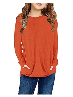 Girls Short Sleeve T Shirts Crewneck Casual Loose Fit Pocket Pullover Tunic Top