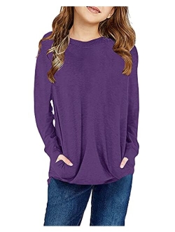 Girls Short Sleeve T Shirts Crewneck Casual Loose Fit Pocket Pullover Tunic Top