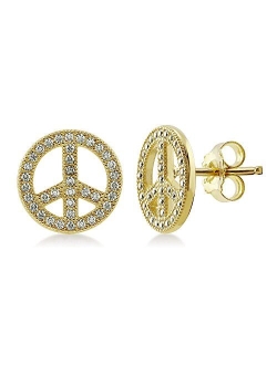 Sterling Silver Peace Sign Cubic Zirconia CZ Fashion Stud Earrings for Women